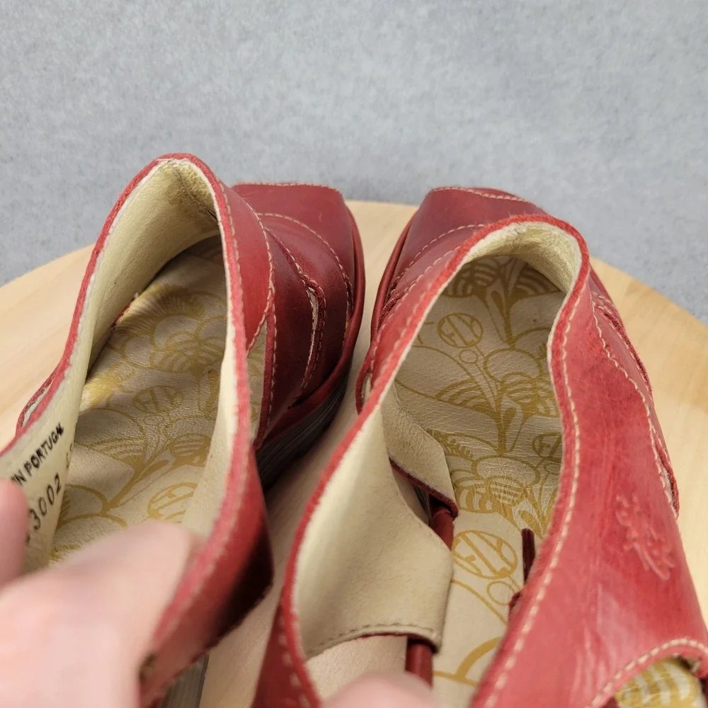 Fly London Yown Red Leather Lace Up Peep‎ Toe Wedge Sandals Portugal 42 US 11.5
